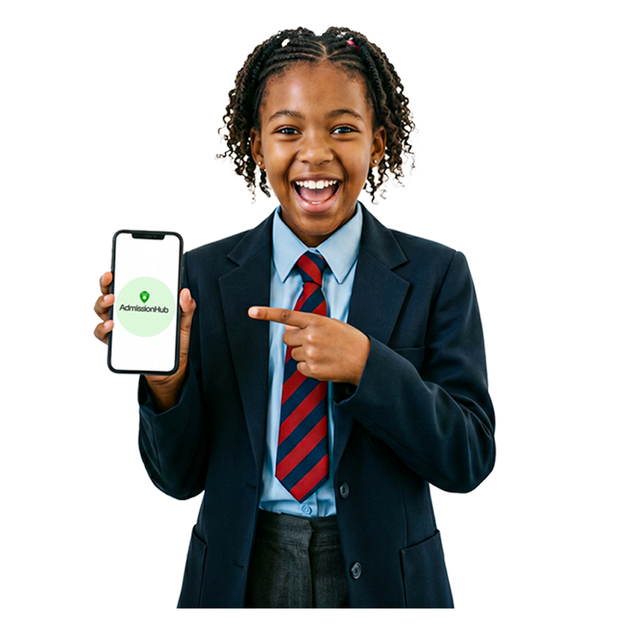 Happy Nigerian student in uniform pointing at the AdmissionHub app on a phone